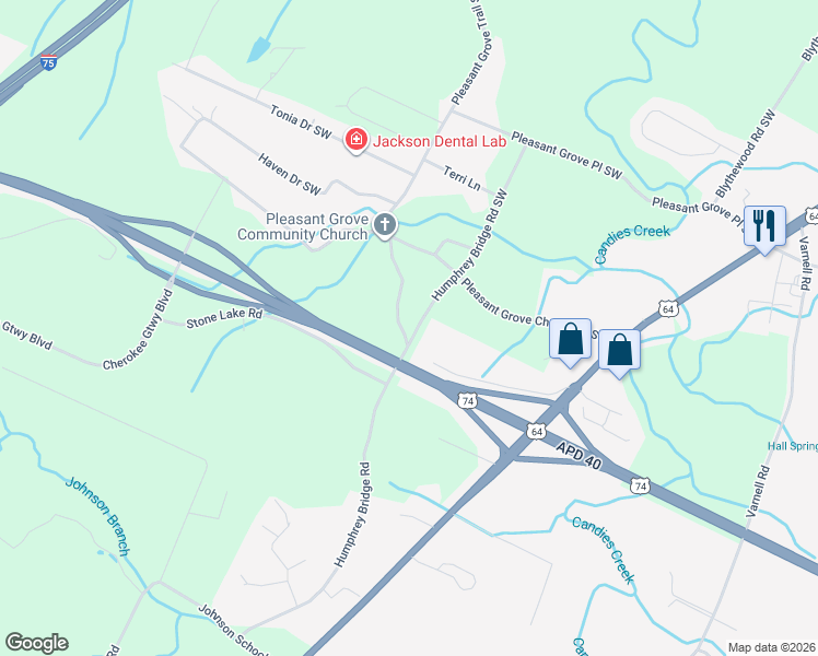 map of restaurants, bars, coffee shops, grocery stores, and more near 2572 Humphrey Bridge Road Southwest in Cleveland