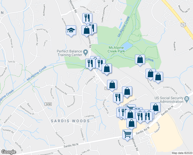 map of restaurants, bars, coffee shops, grocery stores, and more near 9100 Monroe Road in Charlotte