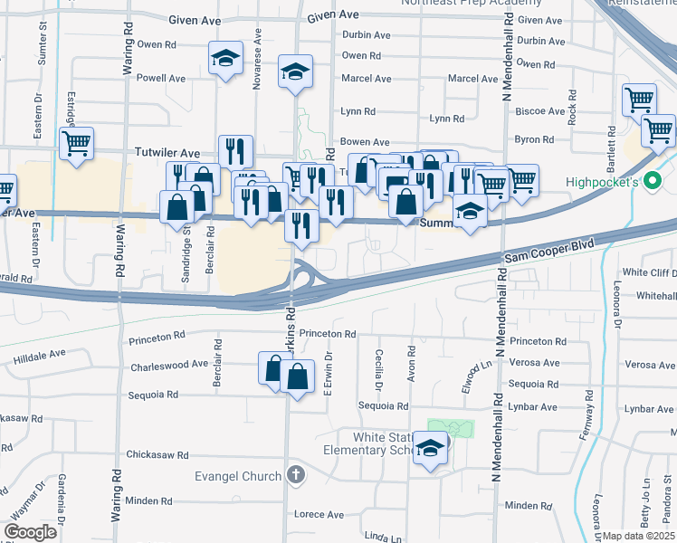 map of restaurants, bars, coffee shops, grocery stores, and more near 4641 South Renshaw Drive in Memphis