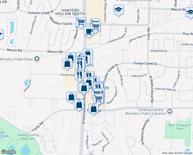 map of restaurants, bars, coffee shops, grocery stores, and more near 8101 Walnut Run Road in Memphis