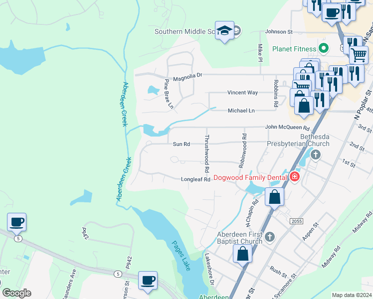map of restaurants, bars, coffee shops, grocery stores, and more near 707 Sun Road in Aberdeen