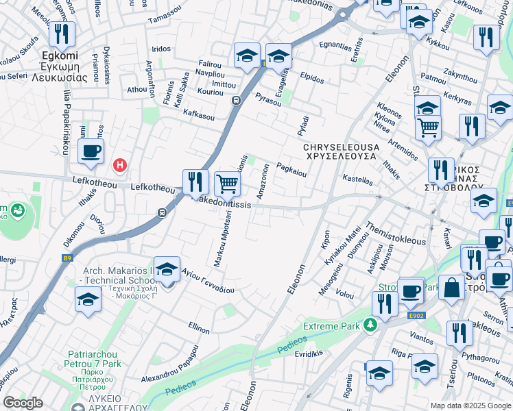 map of restaurants, bars, coffee shops, grocery stores, and more near Makedonitissis in Strovolos