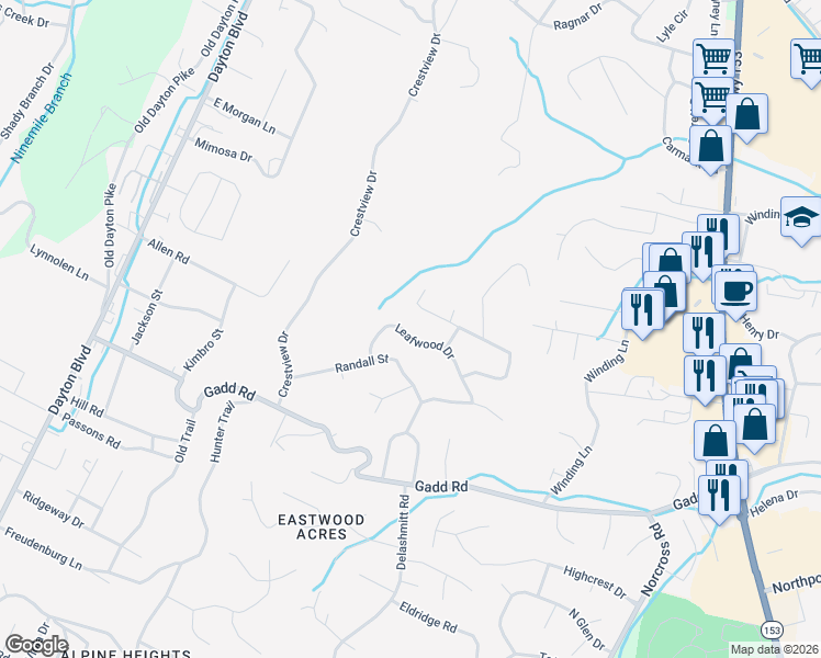map of restaurants, bars, coffee shops, grocery stores, and more near 533 Leafwood Drive in Chattanooga
