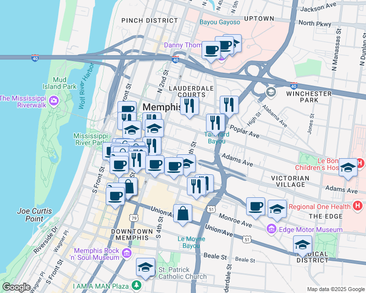 map of restaurants, bars, coffee shops, grocery stores, and more near 239 Adams Avenue in Memphis