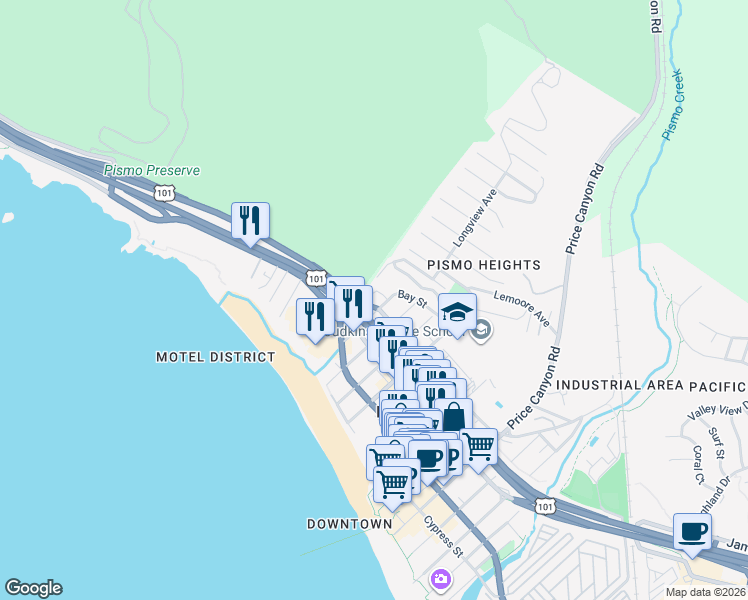 map of restaurants, bars, coffee shops, grocery stores, and more near 1410 Bello Street in Pismo Beach