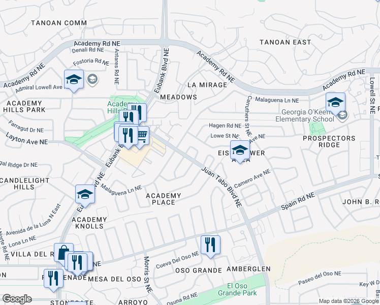 map of restaurants, bars, coffee shops, grocery stores, and more near 5775 Manzanillo Loop Northeast in Albuquerque