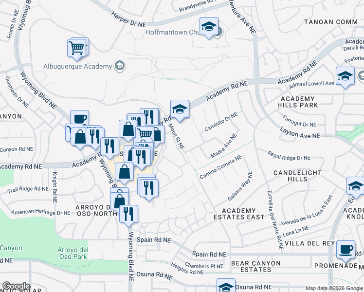 map of restaurants, bars, coffee shops, grocery stores, and more near 8401 Canyon Run Road Northeast in Albuquerque