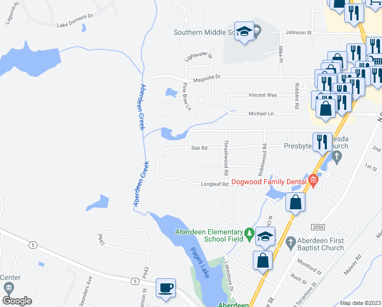 map of restaurants, bars, coffee shops, grocery stores, and more near 721 Sun Road in Aberdeen