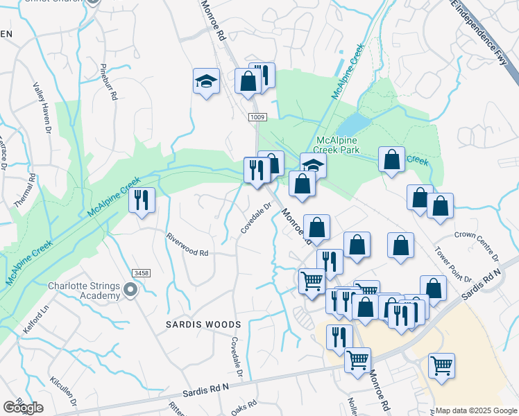 map of restaurants, bars, coffee shops, grocery stores, and more near 9100 Monroe Road in Charlotte