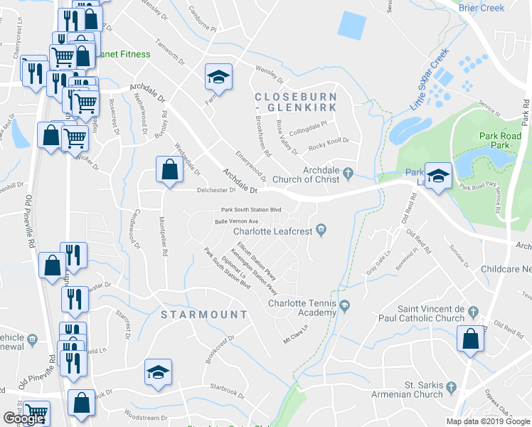 map of restaurants, bars, coffee shops, grocery stores, and more near 2235 Belle Vernon Avenue in Charlotte