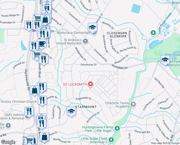map of restaurants, bars, coffee shops, grocery stores, and more near 4808 Fonthill Lane in Charlotte