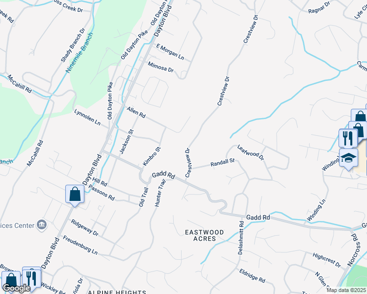 map of restaurants, bars, coffee shops, grocery stores, and more near 5431 Crestview Drive in Chattanooga