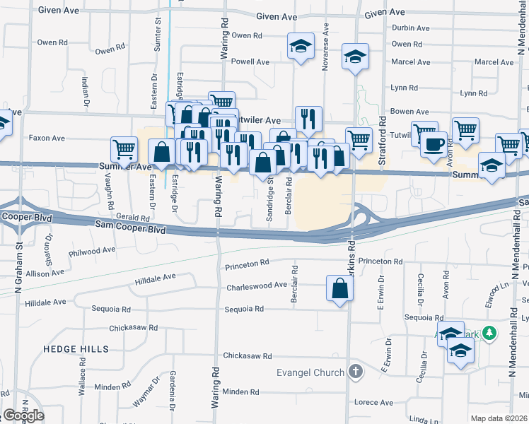 map of restaurants, bars, coffee shops, grocery stores, and more near 555 Sandridge Street in Memphis