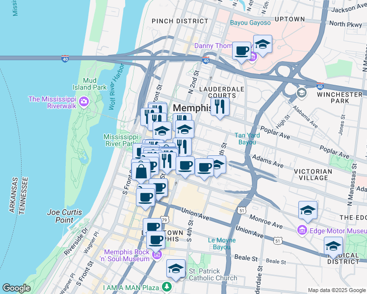 map of restaurants, bars, coffee shops, grocery stores, and more near 168 Jefferson Avenue in Memphis