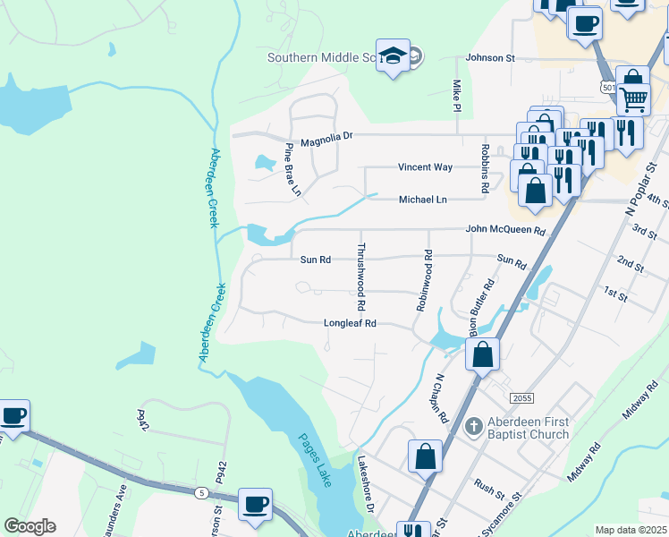 map of restaurants, bars, coffee shops, grocery stores, and more near 706 Sun Road in Aberdeen
