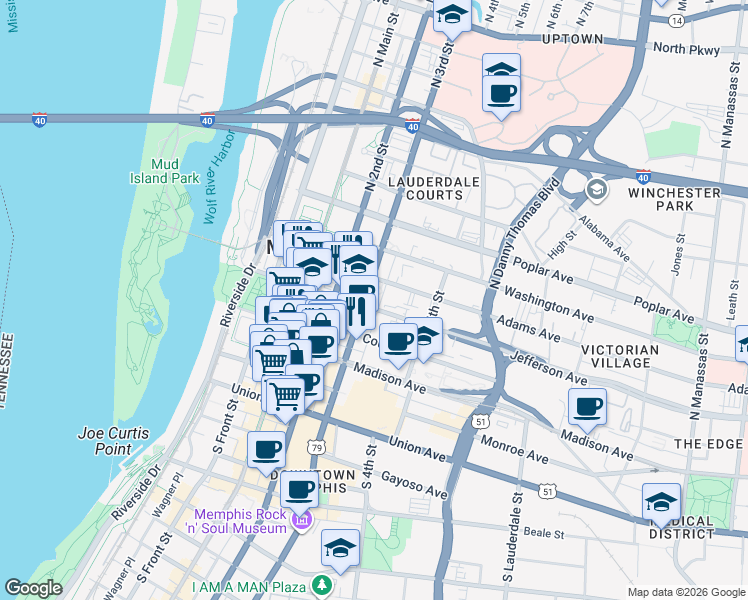 map of restaurants, bars, coffee shops, grocery stores, and more near 200 Jefferson Avenue in Memphis