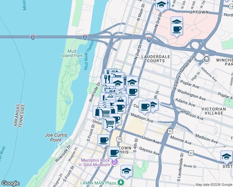 map of restaurants, bars, coffee shops, grocery stores, and more near in Memphis