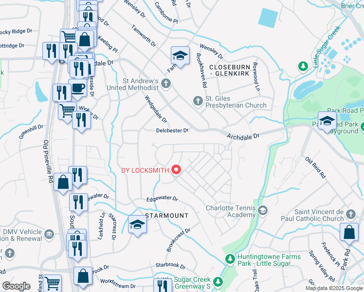 map of restaurants, bars, coffee shops, grocery stores, and more near 3327 Park South Station Boulevard in Charlotte