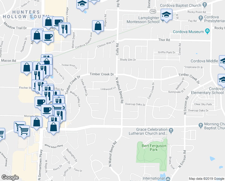 map of restaurants, bars, coffee shops, grocery stores, and more near 8327 Linkwood Lane in Memphis