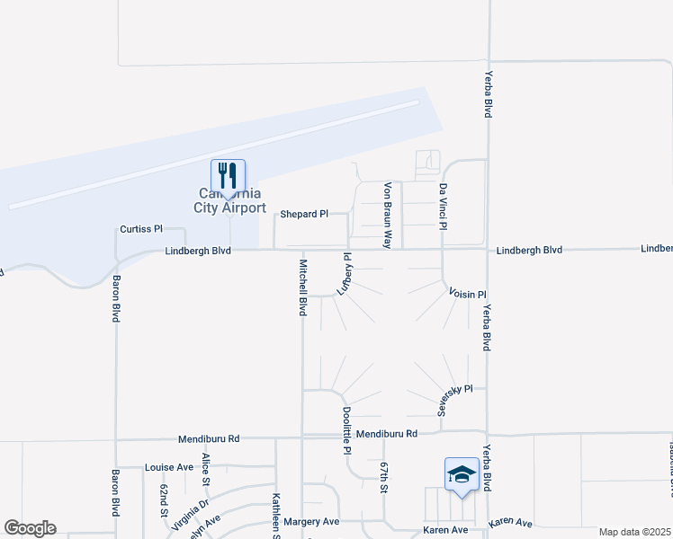 map of restaurants, bars, coffee shops, grocery stores, and more near Lindberg Boulevard in California City