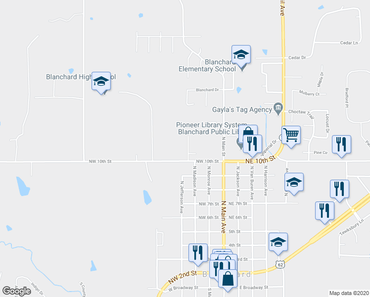 map of restaurants, bars, coffee shops, grocery stores, and more near 1103 North Madison Avenue in Blanchard