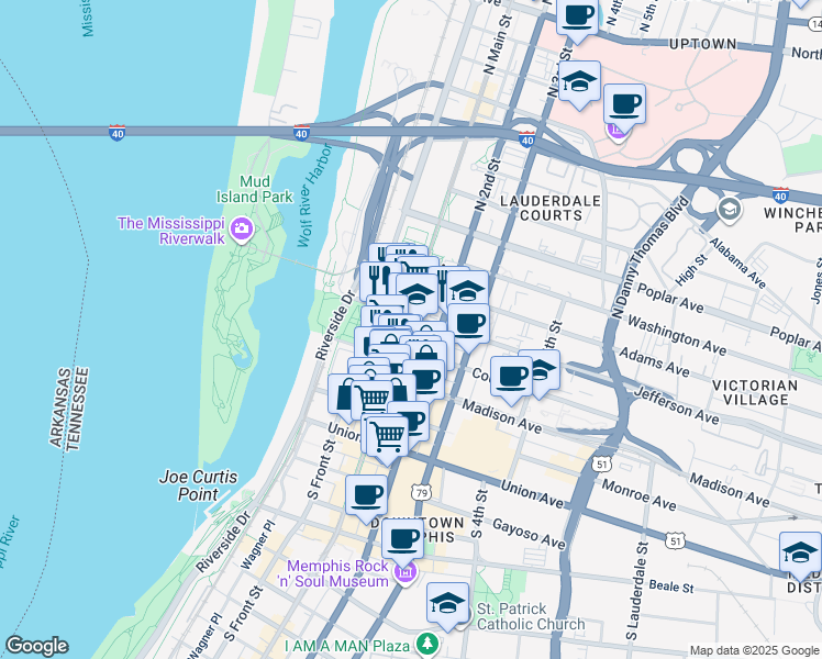 map of restaurants, bars, coffee shops, grocery stores, and more near 60 North Main Street in Memphis