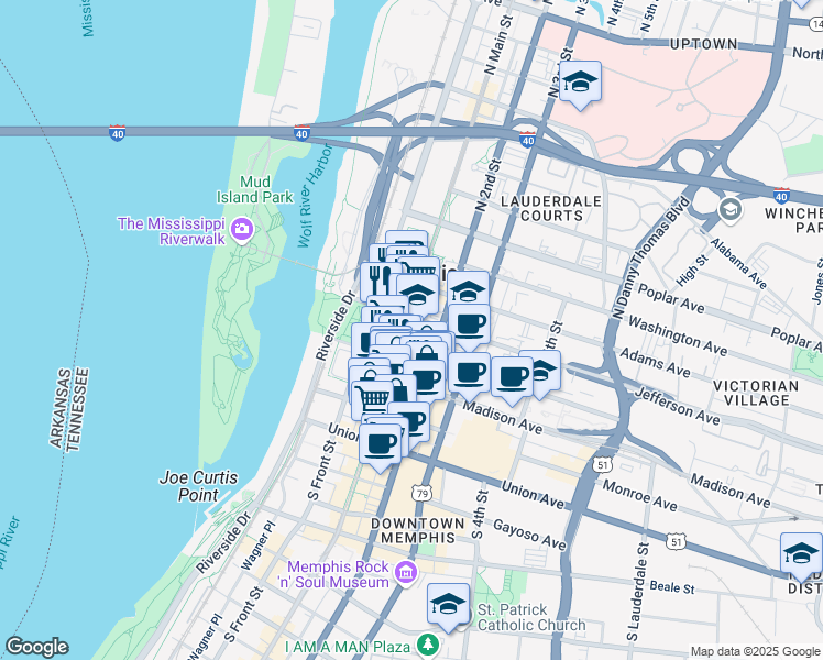map of restaurants, bars, coffee shops, grocery stores, and more near 60 North Main Street in Memphis