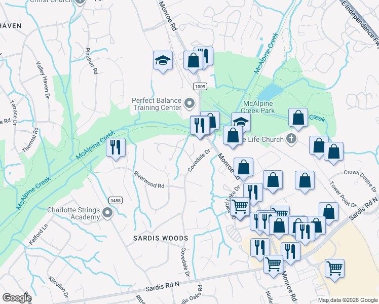 map of restaurants, bars, coffee shops, grocery stores, and more near 1091 Sardis Cove Drive in Charlotte