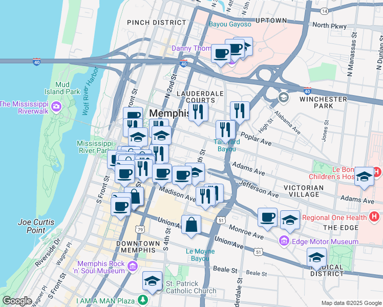 map of restaurants, bars, coffee shops, grocery stores, and more near 239 Adams Avenue in Memphis