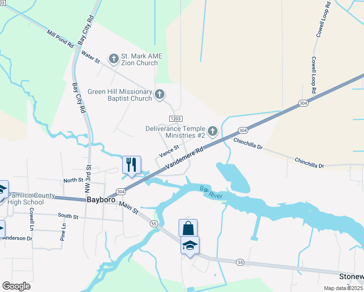 map of restaurants, bars, coffee shops, grocery stores, and more near 102 Water Street in Bayboro