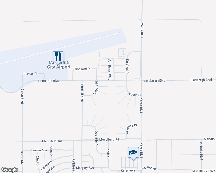 map of restaurants, bars, coffee shops, grocery stores, and more near Rickenbacker Court in California City