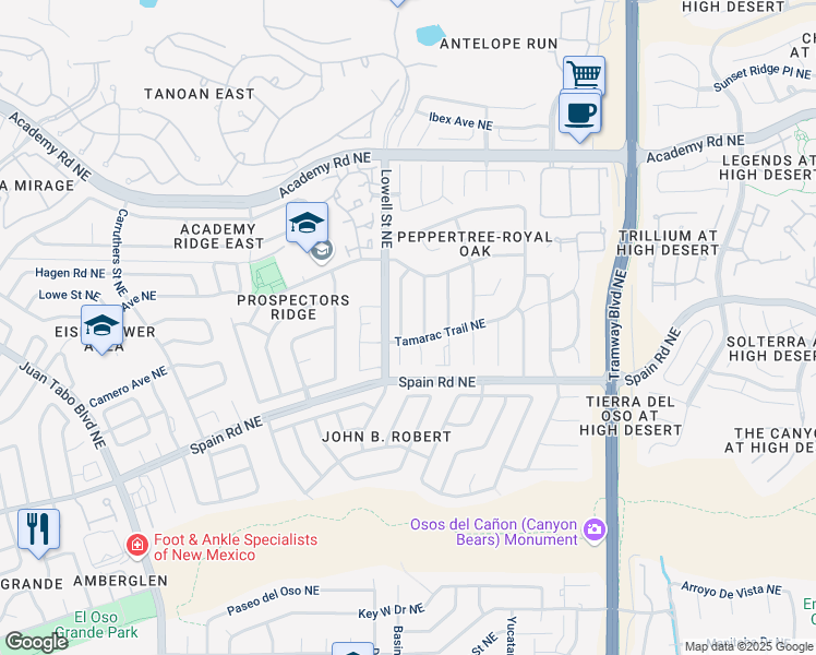map of restaurants, bars, coffee shops, grocery stores, and more near 5800 Mimosa Place Northeast in Albuquerque
