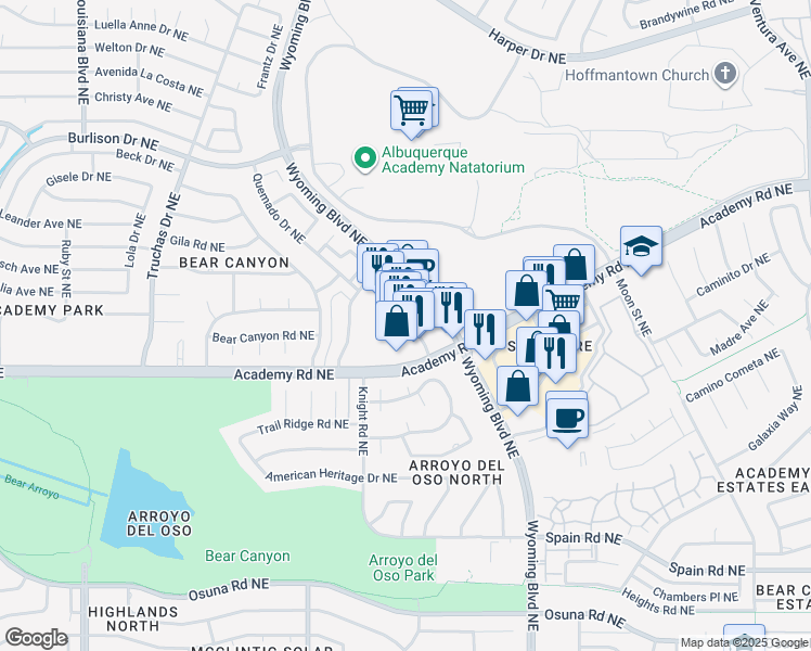 map of restaurants, bars, coffee shops, grocery stores, and more near 5901 Wyoming Boulevard Northeast in Albuquerque