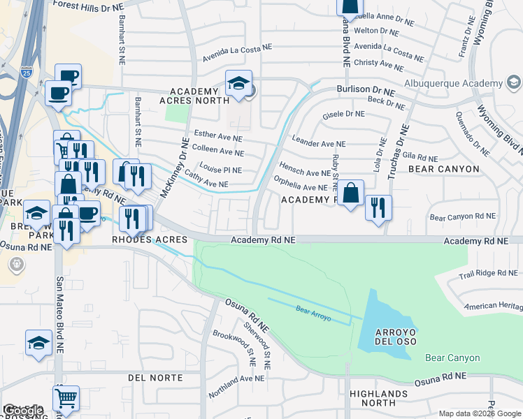 map of restaurants, bars, coffee shops, grocery stores, and more near 5824 Elmwood Drive Northeast in Albuquerque