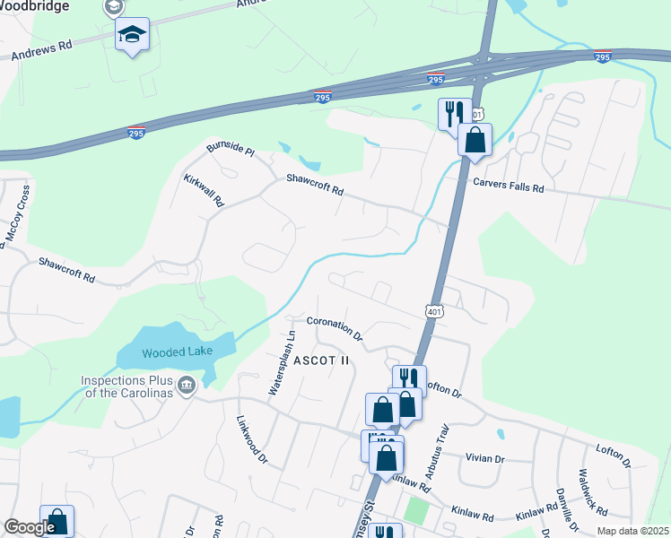map of restaurants, bars, coffee shops, grocery stores, and more near 241-281 Kings Creek Drive in Fayetteville