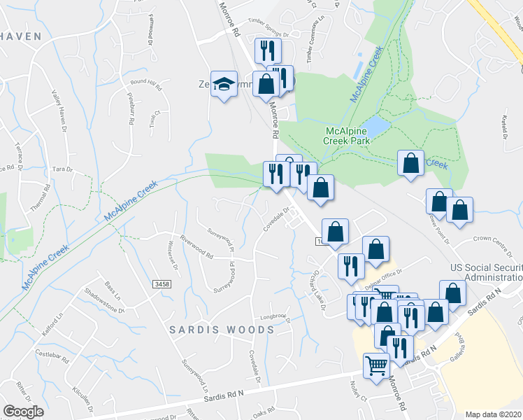 map of restaurants, bars, coffee shops, grocery stores, and more near 1091 Sardis Cove Drive in Charlotte