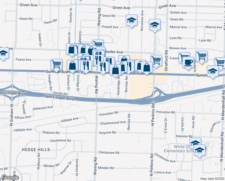 map of restaurants, bars, coffee shops, grocery stores, and more near 583 North Foy Circle in Memphis