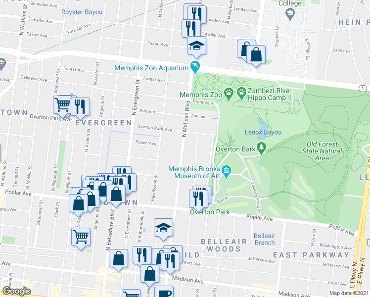 map of restaurants, bars, coffee shops, grocery stores, and more near 323 North McLean Boulevard in Memphis
