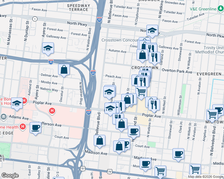 map of restaurants, bars, coffee shops, grocery stores, and more near 255 North Montgomery Street in Memphis