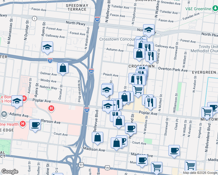 map of restaurants, bars, coffee shops, grocery stores, and more near 255 North Montgomery Street in Memphis