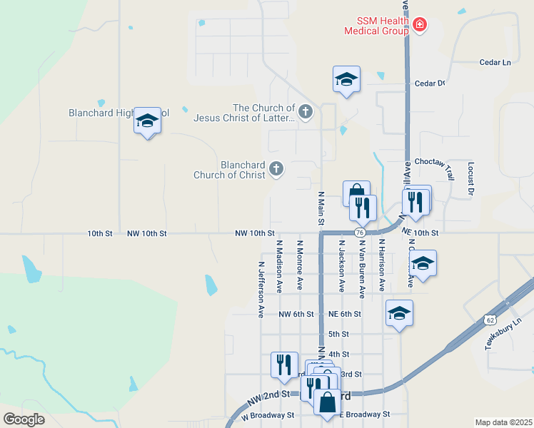 map of restaurants, bars, coffee shops, grocery stores, and more near 1023 North Madison Avenue in Blanchard