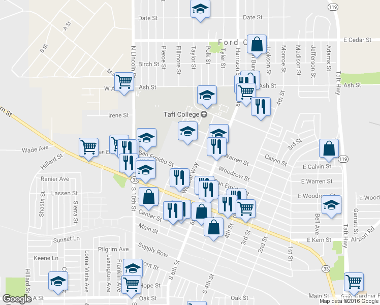 map of restaurants, bars, coffee shops, grocery stores, and more near 701 7th Street in Taft