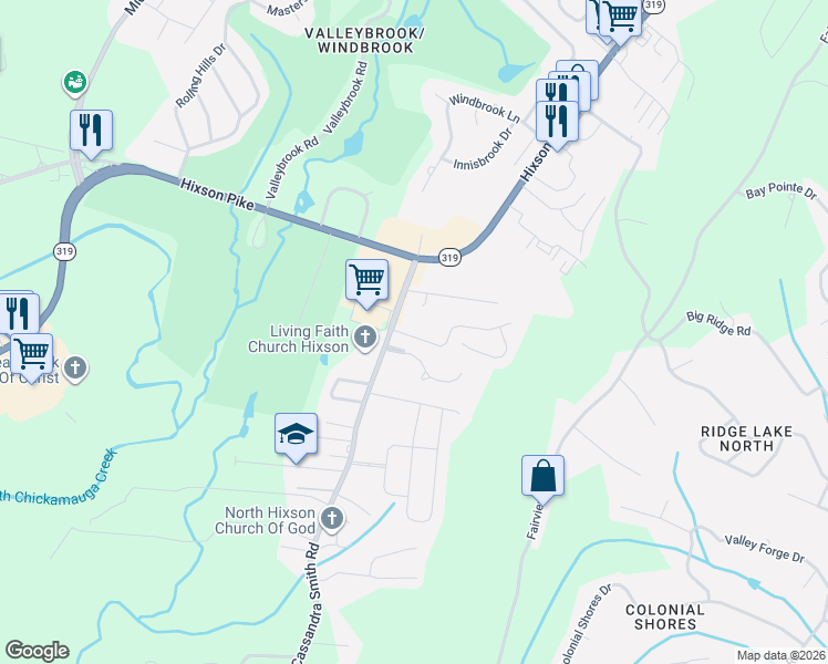 map of restaurants, bars, coffee shops, grocery stores, and more near 6011 Amber Brook Drive in Chattanooga