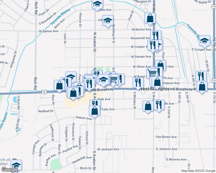 map of restaurants, bars, coffee shops, grocery stores, and more near 315 West Broadway in West Memphis