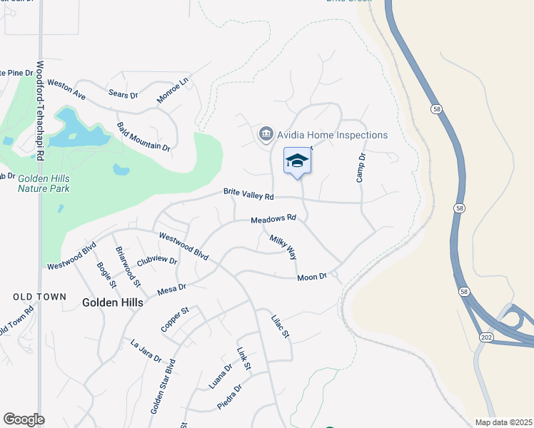 map of restaurants, bars, coffee shops, grocery stores, and more near 19713 Meadows Road in Tehachapi