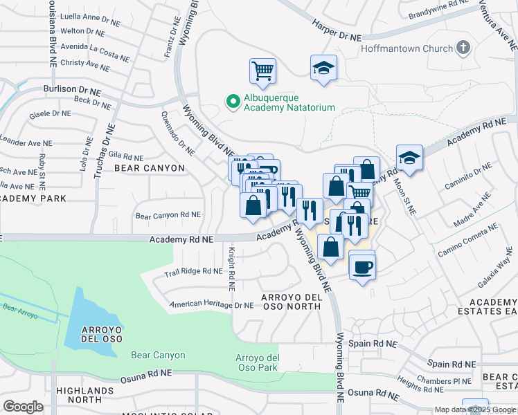 map of restaurants, bars, coffee shops, grocery stores, and more near Wyoming Boulevard Northeast in Albuquerque