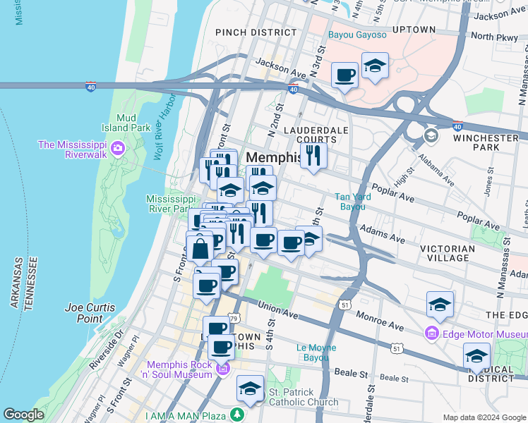 map of restaurants, bars, coffee shops, grocery stores, and more near 168 Jefferson Avenue in Memphis