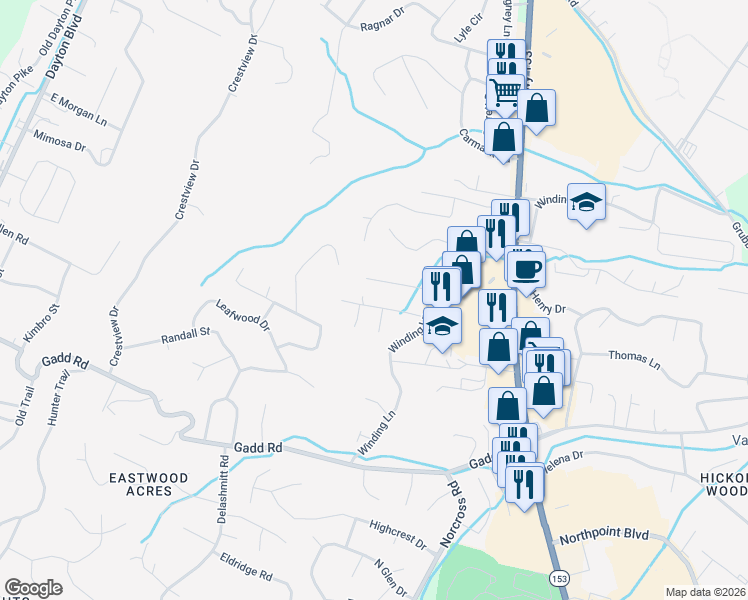 map of restaurants, bars, coffee shops, grocery stores, and more near 813 Winding Hills Lane in Chattanooga