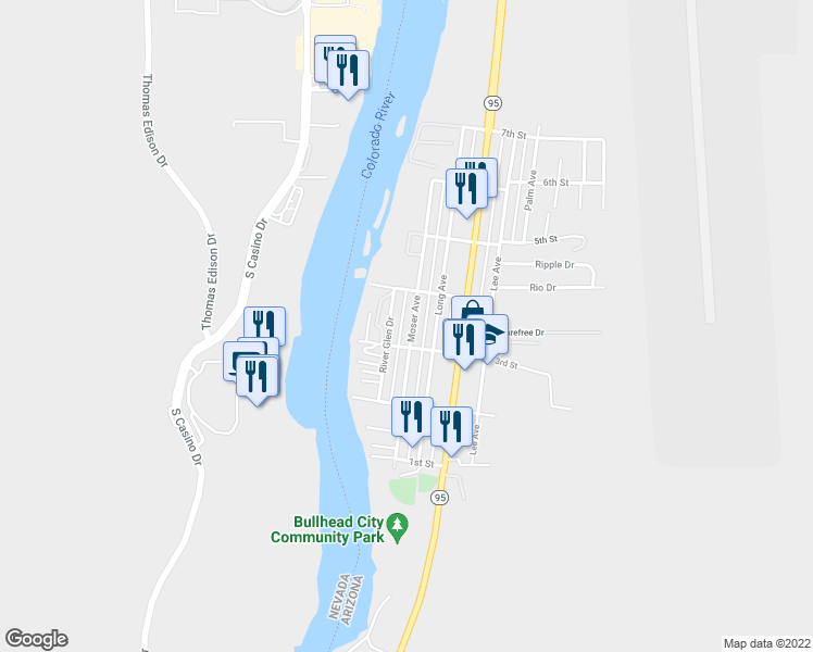 map of restaurants, bars, coffee shops, grocery stores, and more near 351 Moser Avenue in Bullhead City