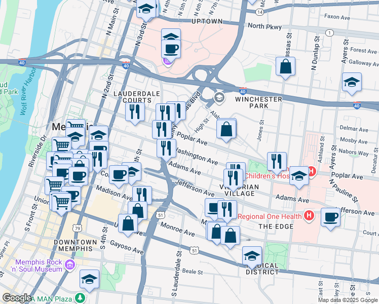 map of restaurants, bars, coffee shops, grocery stores, and more near 382 Washington Avenue in Memphis